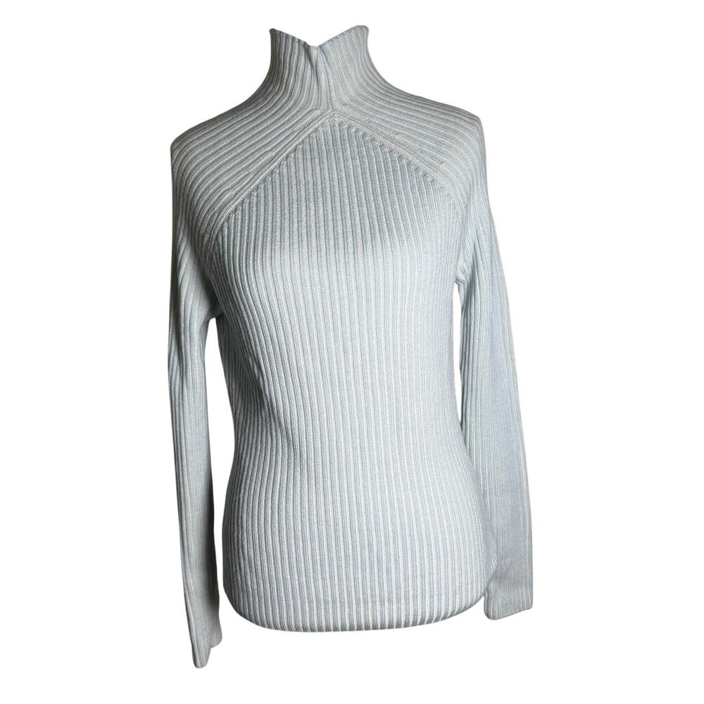 Elie Tahari Sweater Women Medium Lt Blue 100% Merino Wool Rib Knit Mock Neck